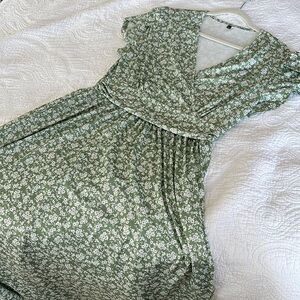 OUGES Maternity Maxi Dress Wrap V Neck "Green Floral" - Comfortable & Chic